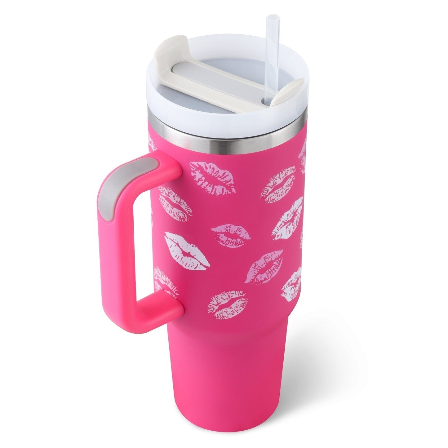 Rosa Thermobecher mit Kussmund-Design, Kunststoffgriff, Trinkhalm, 40 oz, isoliert.