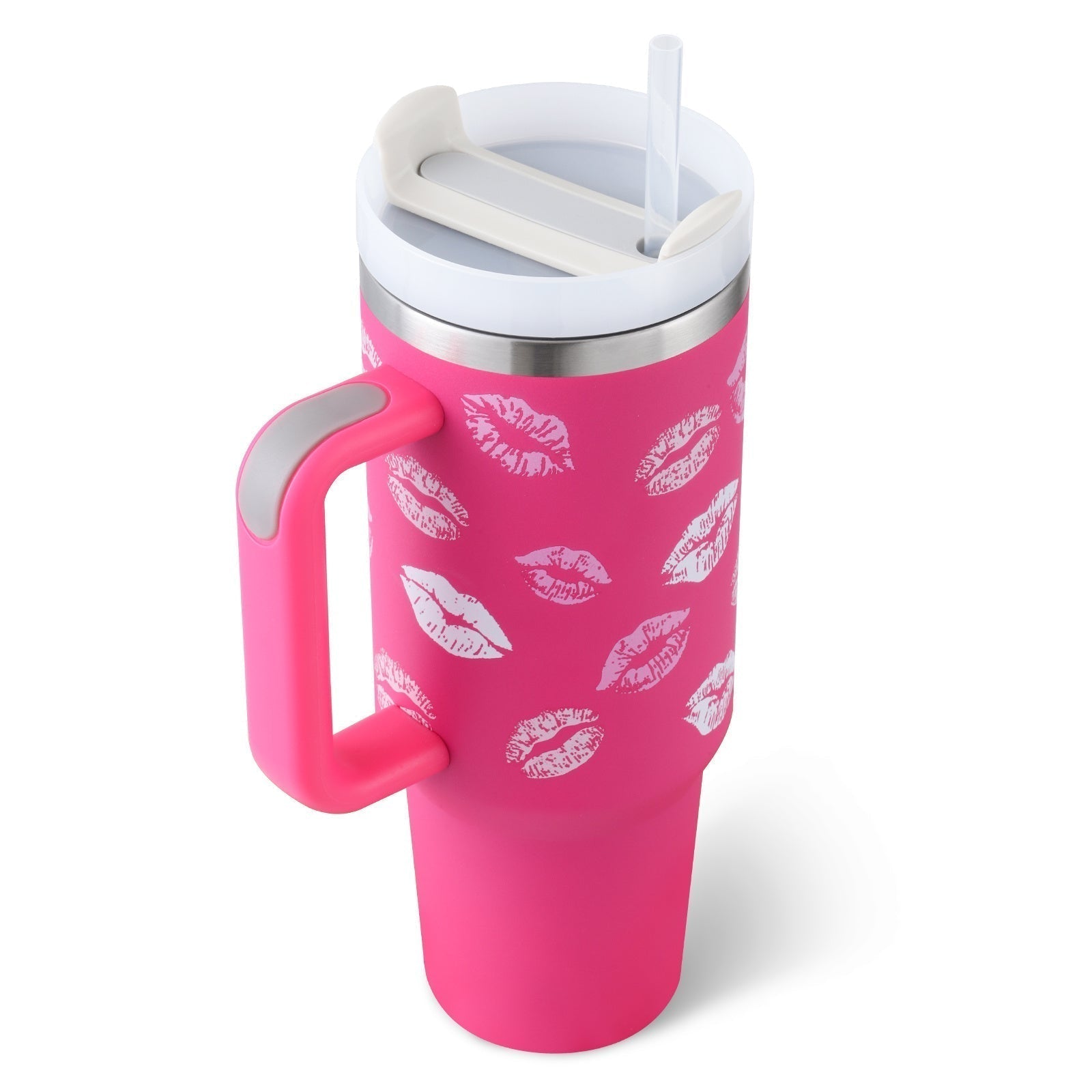 Rosa Thermobecher mit Kussmund-Design, Kunststoffgriff, Trinkhalm, 40 oz, isoliert.