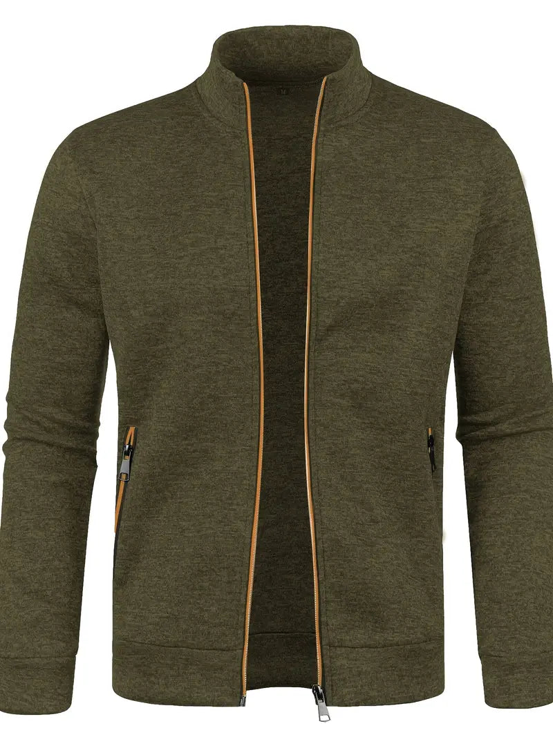 Olivgrüne Herrenjacke, Reißverschluss, Stehkragen, Freizeitmode, Baumwollmischung.