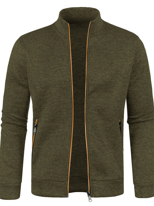 Olivgrüne Herrenjacke, Reißverschluss, Stehkragen, Freizeitmode, Baumwollmischung.