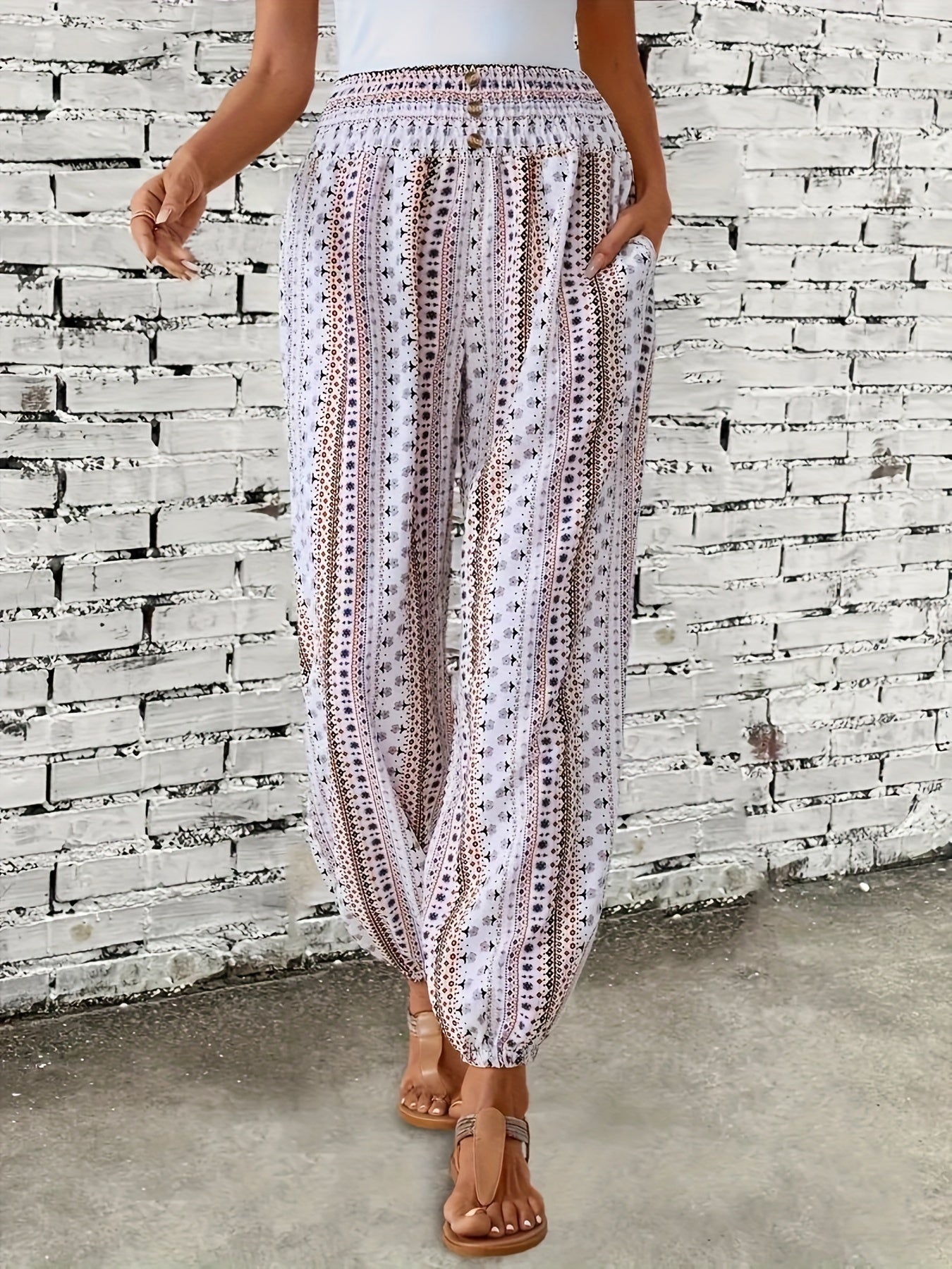 Boho Högmidjade Dambyxor med tryck och smockad midja – Linara