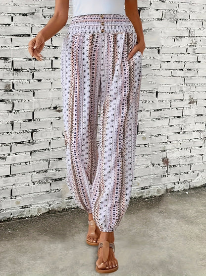 Boho Högmidjade Dambyxor med tryck och smockad midja – Linara