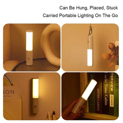 Tragbare LED-Lampe, weiß, hängend oder stehend, für vielseitige Beleuchtung, USB-aufladbar.