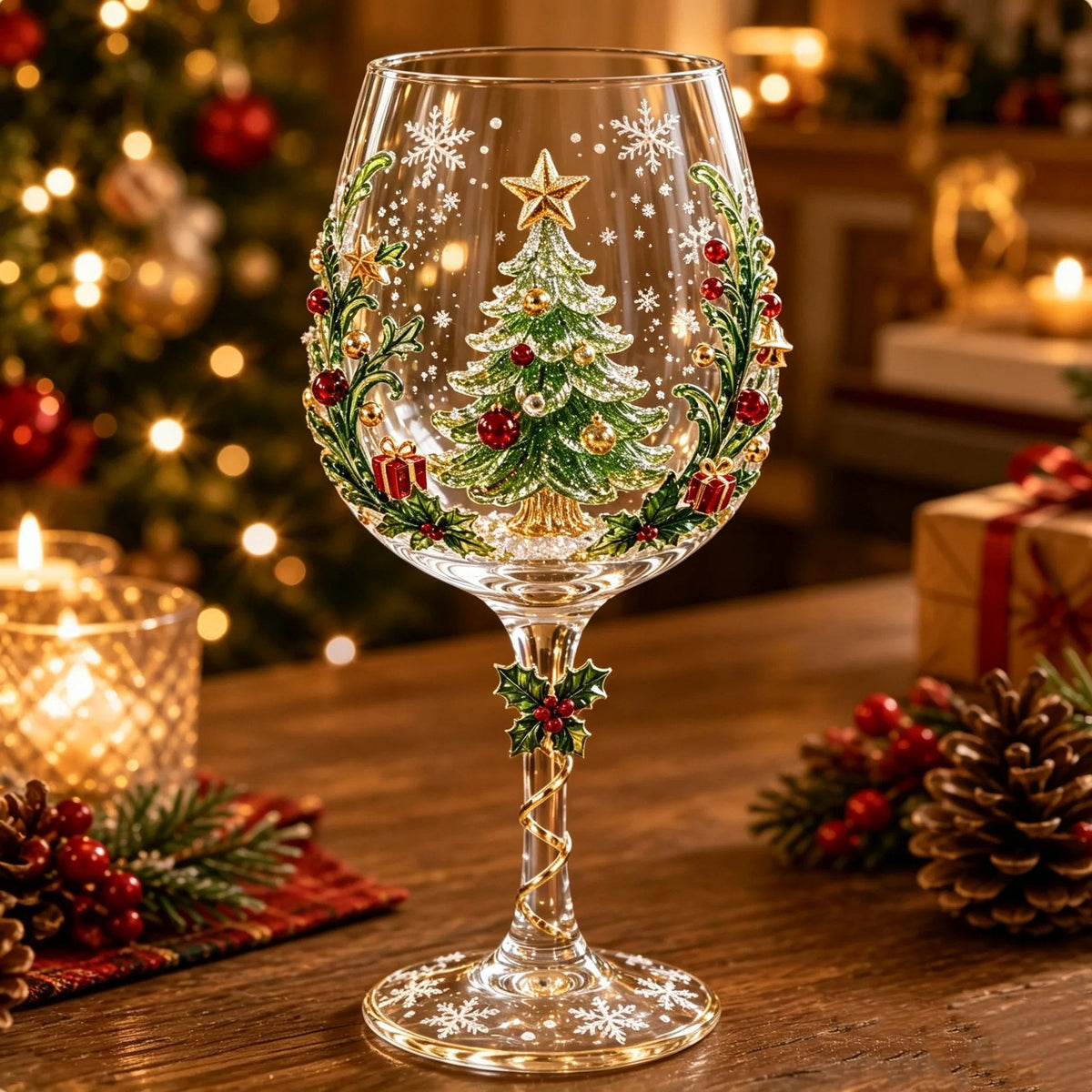 Glas med reliefmotiv av en julgran med stjärna och kulor, omgiven av gröna kvistar, bär och små paket 4