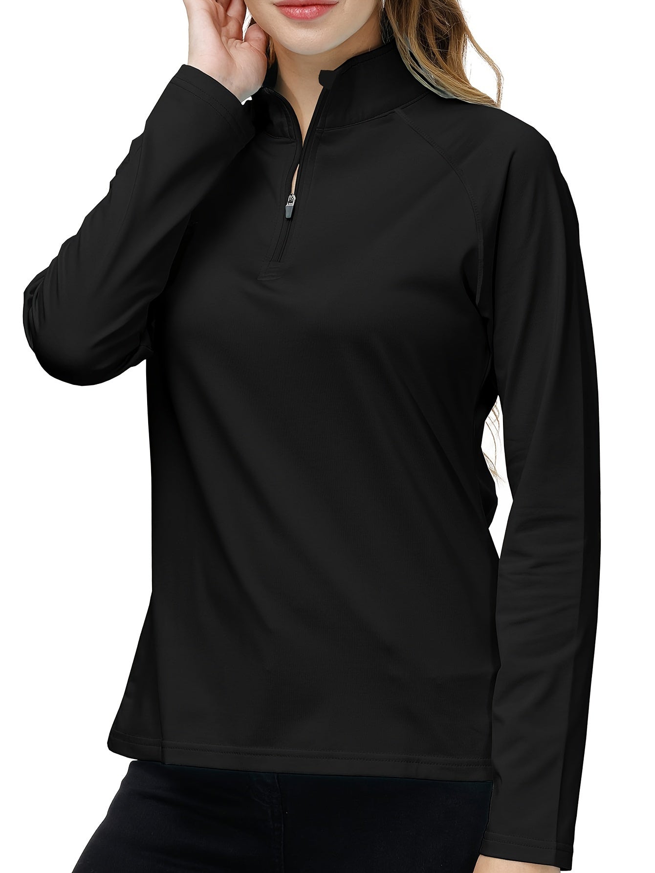 Damen-Langarmshirt schwarz, Reißverschluss, sportlich, atmungsaktiv, Freizeitmode.