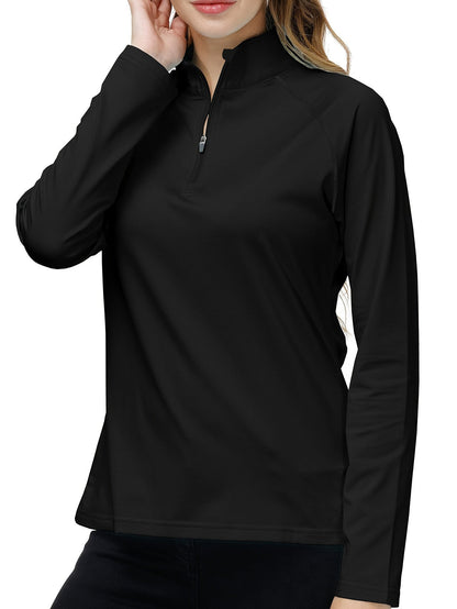 Damen-Langarmshirt schwarz, Reißverschluss, sportlich, atmungsaktiv, Freizeitmode.