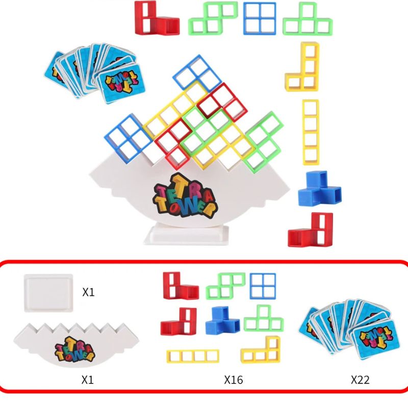 Buntes Tetris-Balancespiel mit Karten, Kunststoffblöcken und Ständer, Lernspielzeug für Kinder.