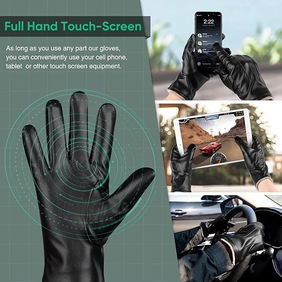 Schwarze Touchscreen-Handschuhe aus Leder für Smartphones und Tablets, vielseitig einsetzbar.