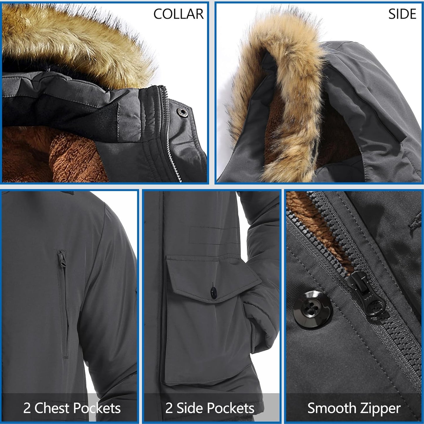 Dunkelgraue Winterjacke mit Kunstfellkapuze, Reißverschluss, 4 Taschen, Herrenmode.