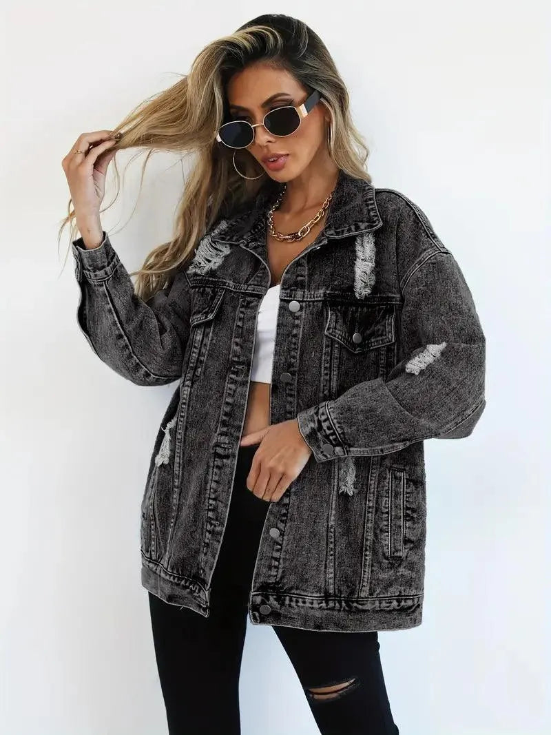 Vattentålig & Fodrad Oversized Dam Jeansjacka med Huva – Höstunderverk Talia