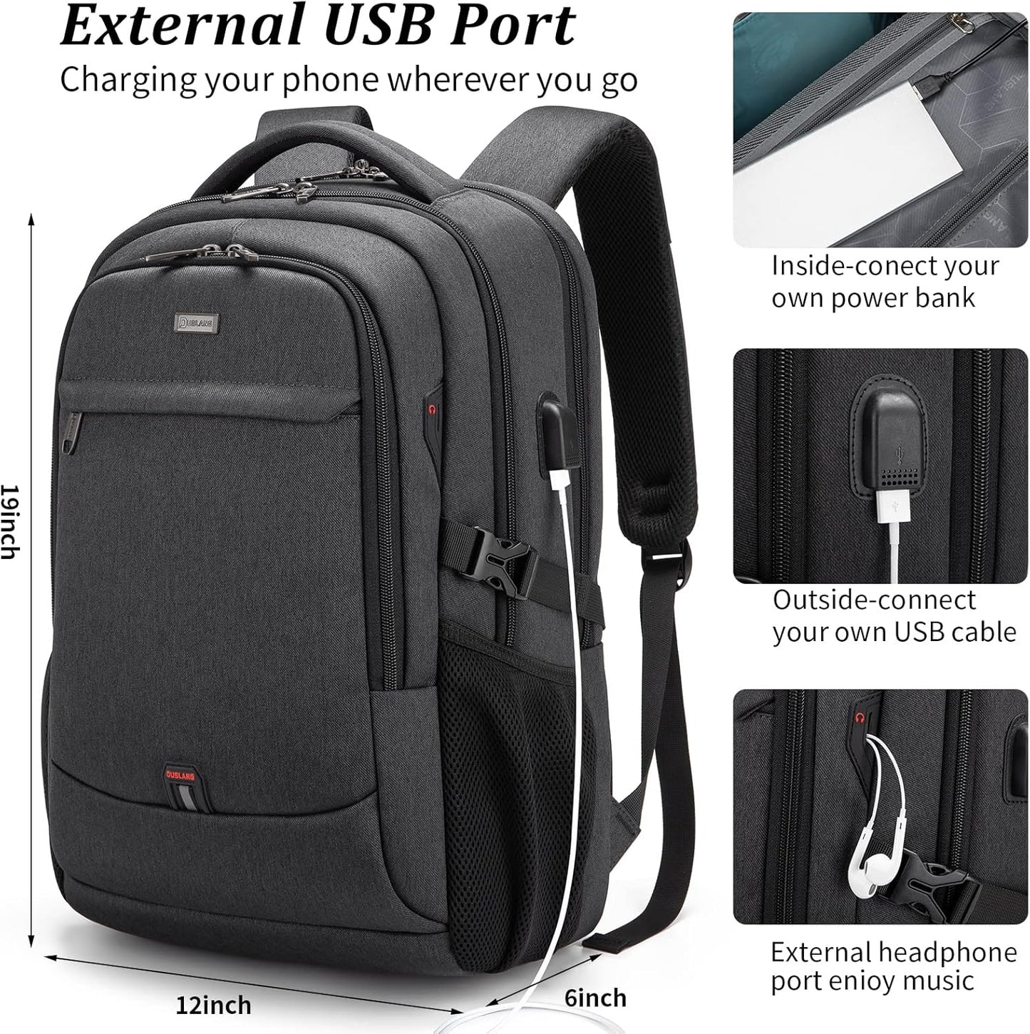 Vattentät reseryggsäck för laptop med USB-port och organiserad förvaring