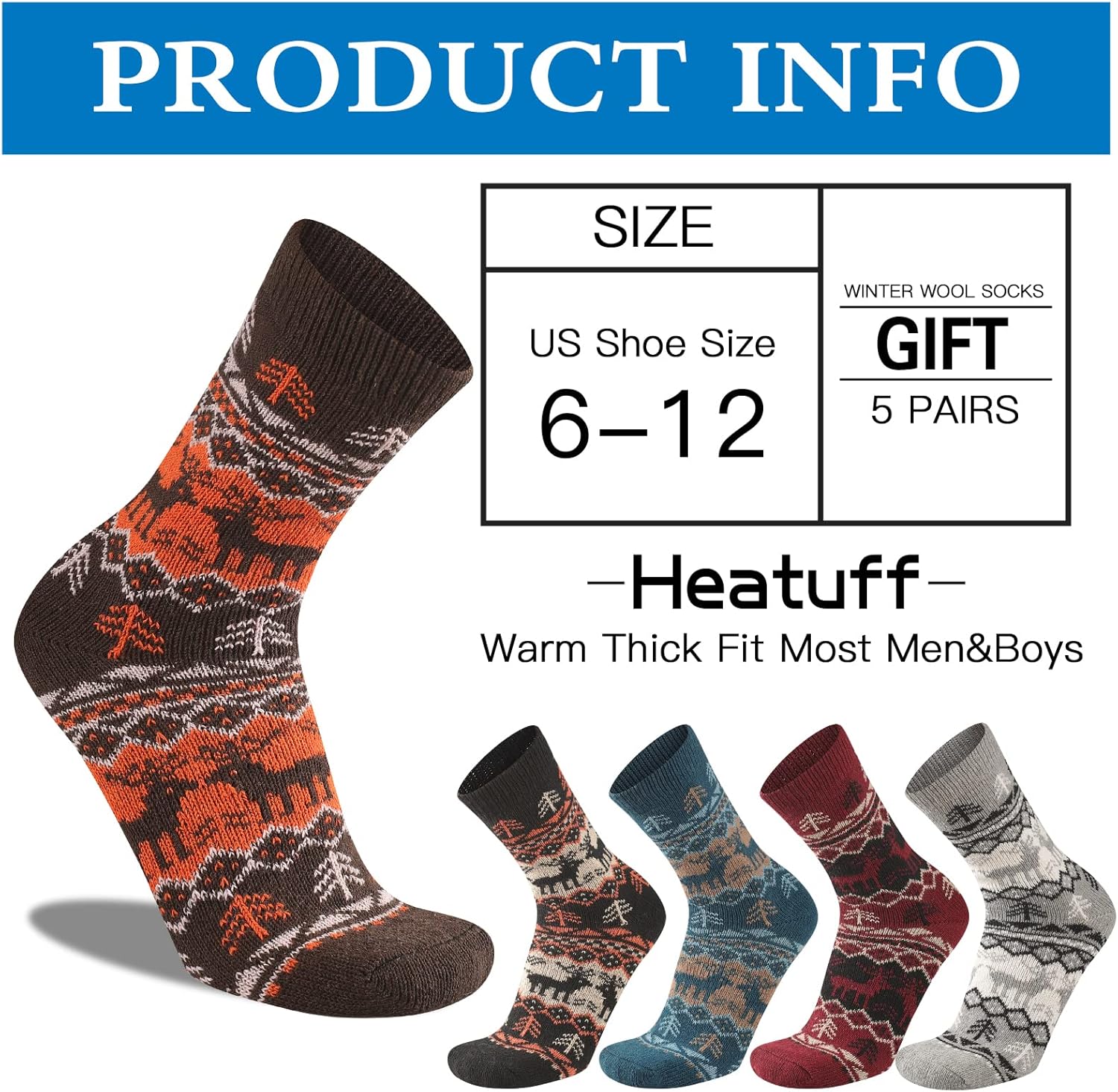 Warme Winterwollsocken, 5er-Pack, gemustert, für Herren, Größe 6-12, ideal für kalte Tage.