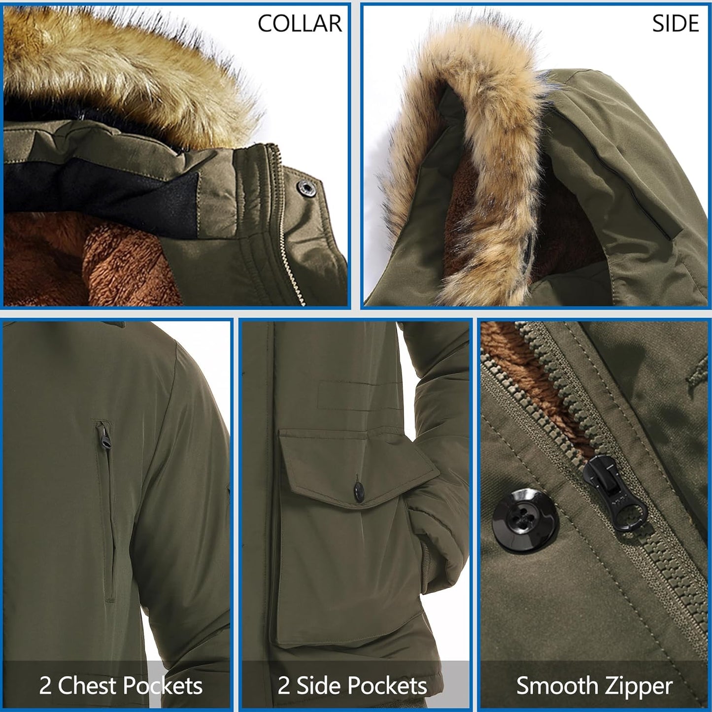 Grüne Winterjacke mit Kapuze, Kunstfell, Reißverschluss, 4 Taschen, Herrenmode, warm, funktional.
