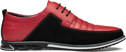 Roter und schwarzer Herren-Sneaker aus Leder und Wildleder, sportlich-elegant, seitliche Ansicht.