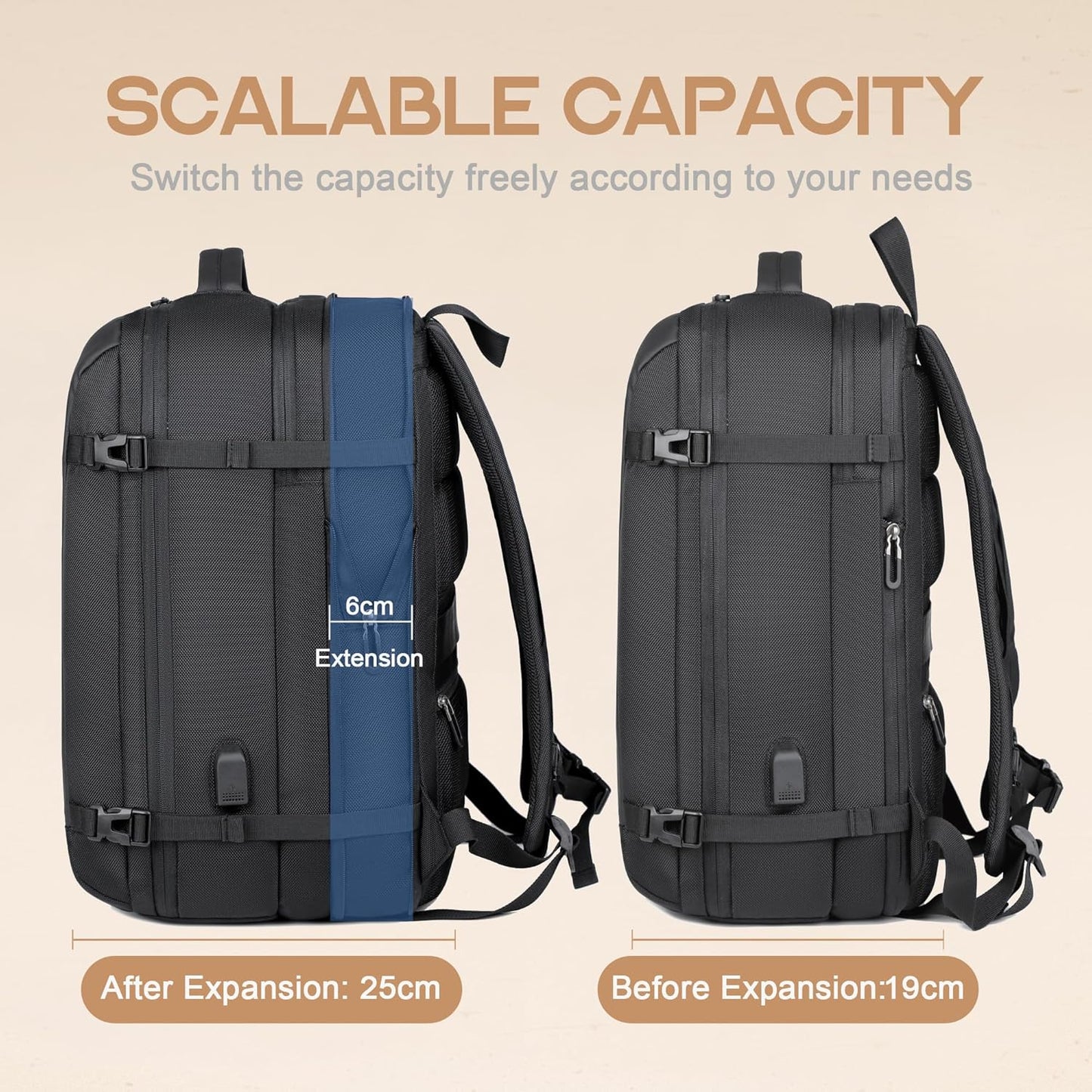 40 L expanderbar vattentät reseryggsäck med USB-port och 17-tums laptopfack – AirVoyage