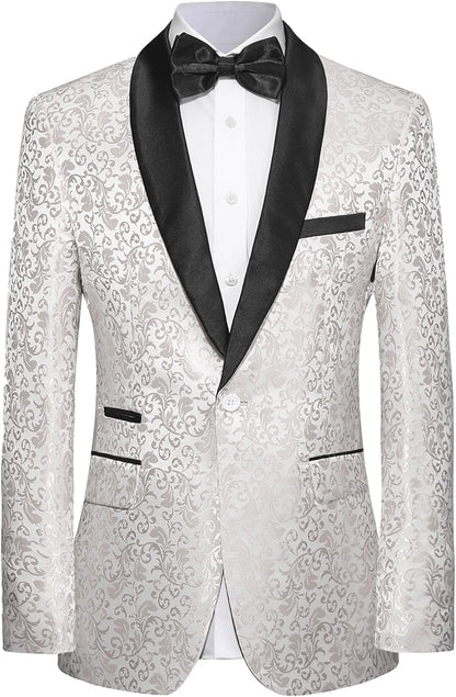 Herren Smokingjacke weiß mit schwarzem Revers, florales Muster, festlich, elegant, Anzugmode.