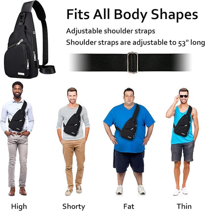 Schwarze Umhängetasche, verstellbare Schultergurte, Unisex, passt allen Körpertypen.
