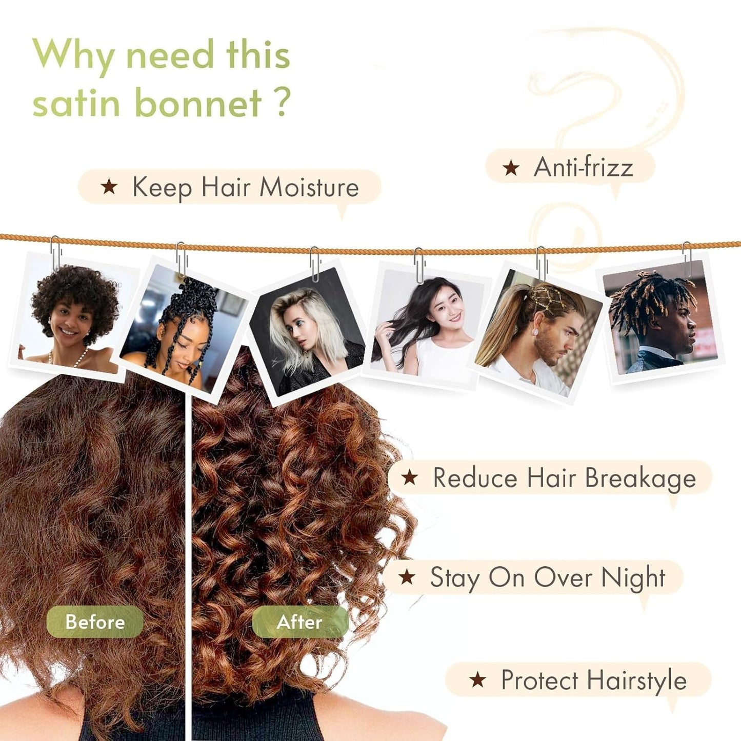Satin-Haube für Haare, Anti-Frizz, Feuchtigkeitsschutz, Haarbruch reduzieren, Nachtpflege.