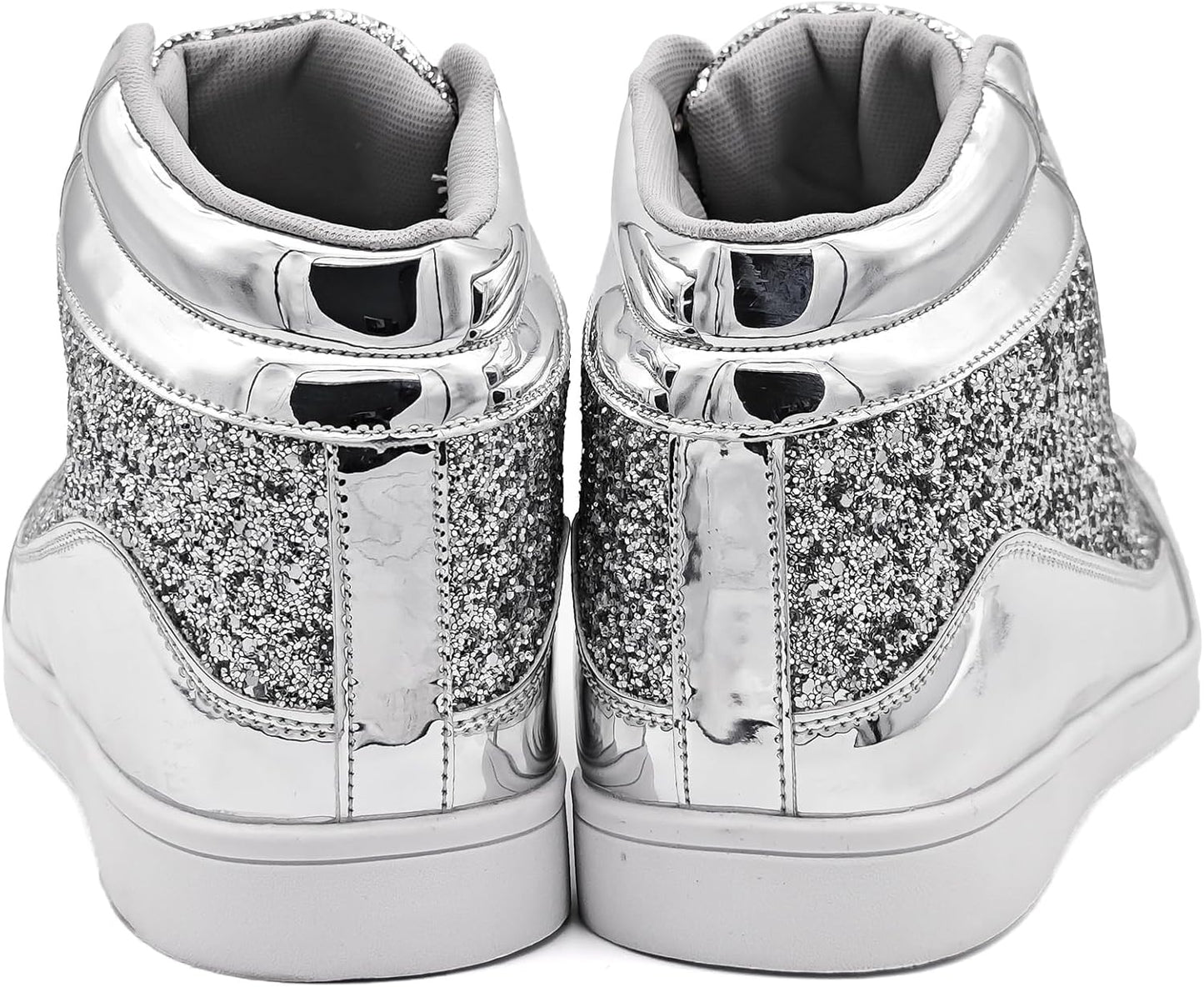 Silberne glitzernde High-Top-Sneaker, modisch, glänzend, Damen, Rückansicht.