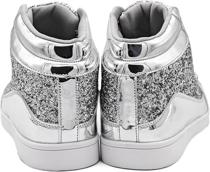 Silberne glitzernde High-Top-Sneaker, modisch, glänzend, Damen, Rückansicht.
