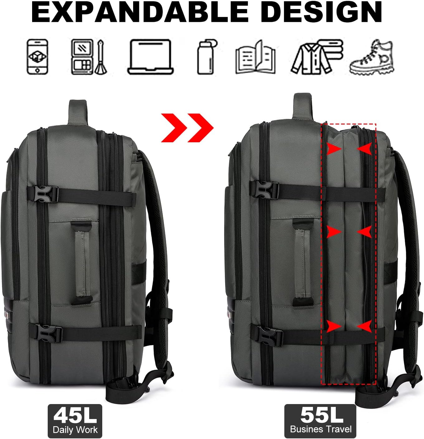 Expanderbar 45–55 l vattentät reseryggsäck med 46,5 cm laptopfack