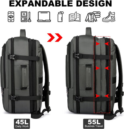 Expanderbar 45–55 l vattentät reseryggsäck med 46,5 cm laptopfack