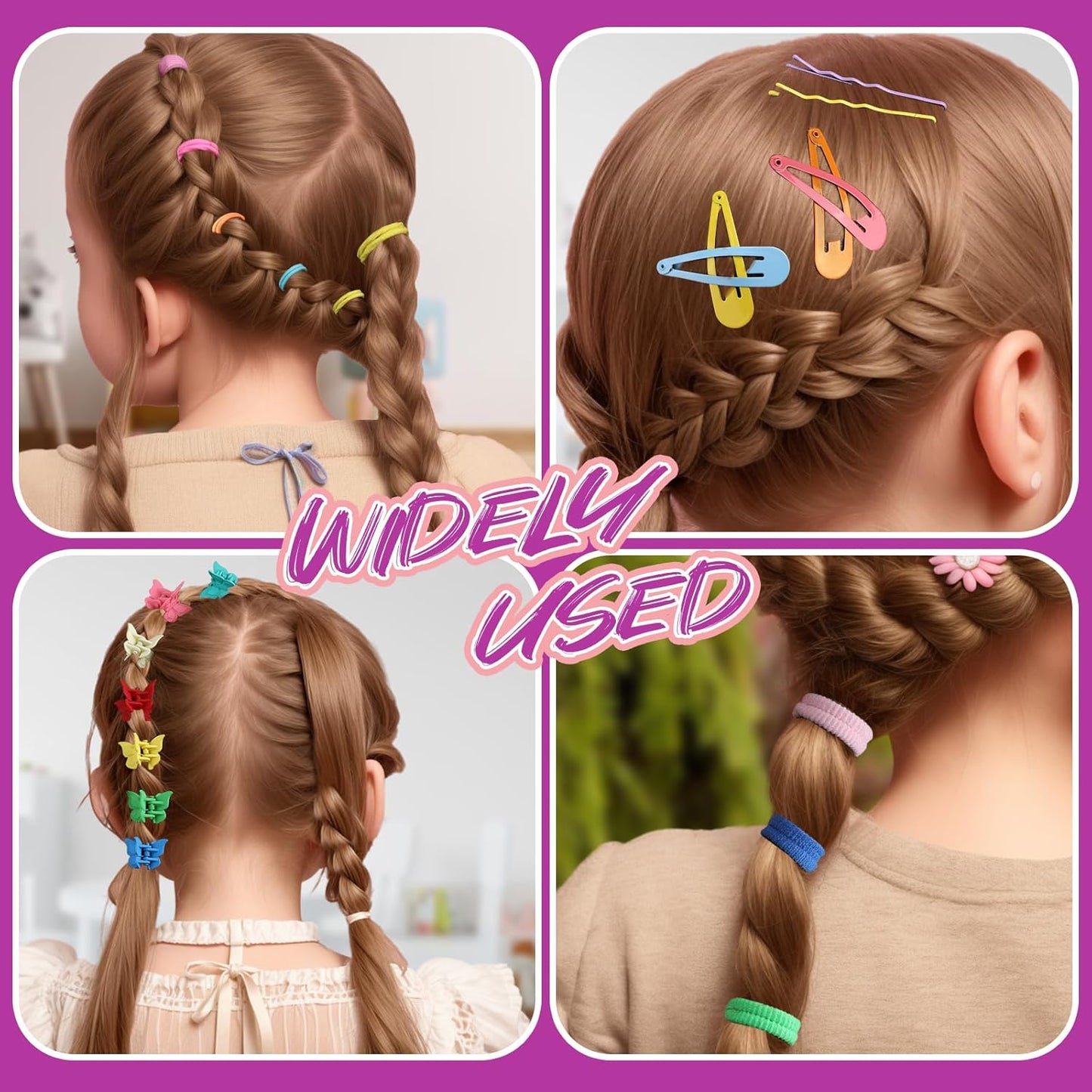 Mädchenfrisuren mit bunten Haarklammern und Zöpfen, Haarstyling-Accessoires, Kinderfrisuren.