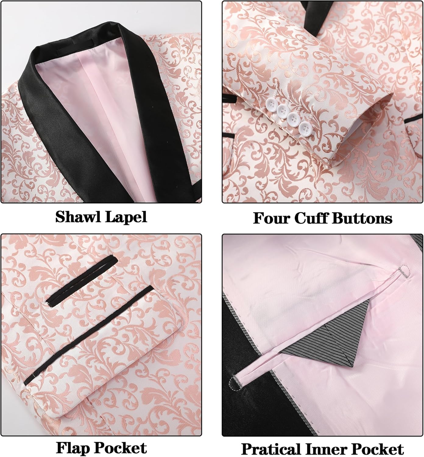 Rosa Brokat Smokingjacke mit schwarzem Schalkragen, vier Knöpfen, Klappentasche, Innentasche.