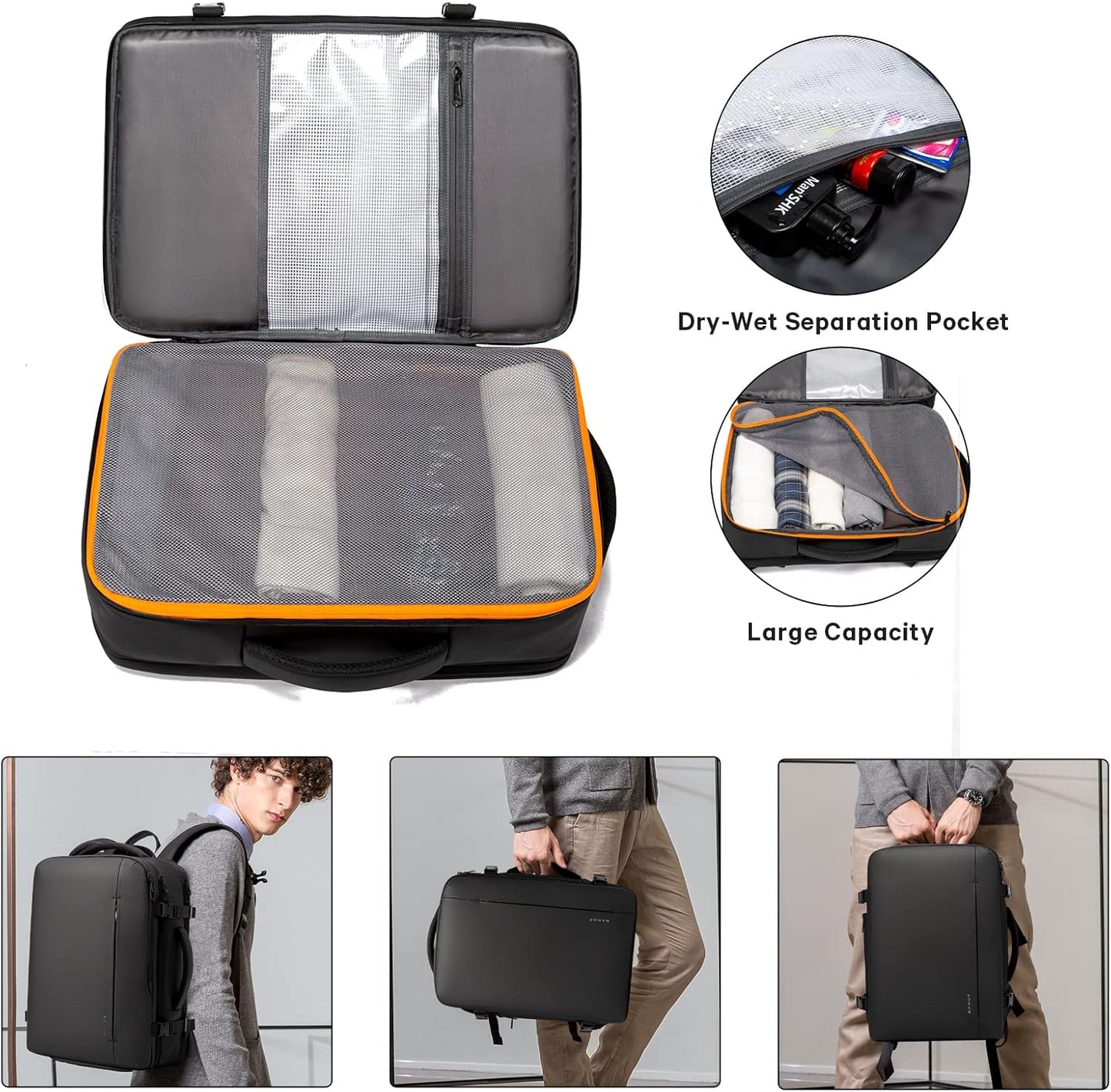 Expanderbar 26–45 L vattentät resryggsäck med laptopfack och duffelalternativ