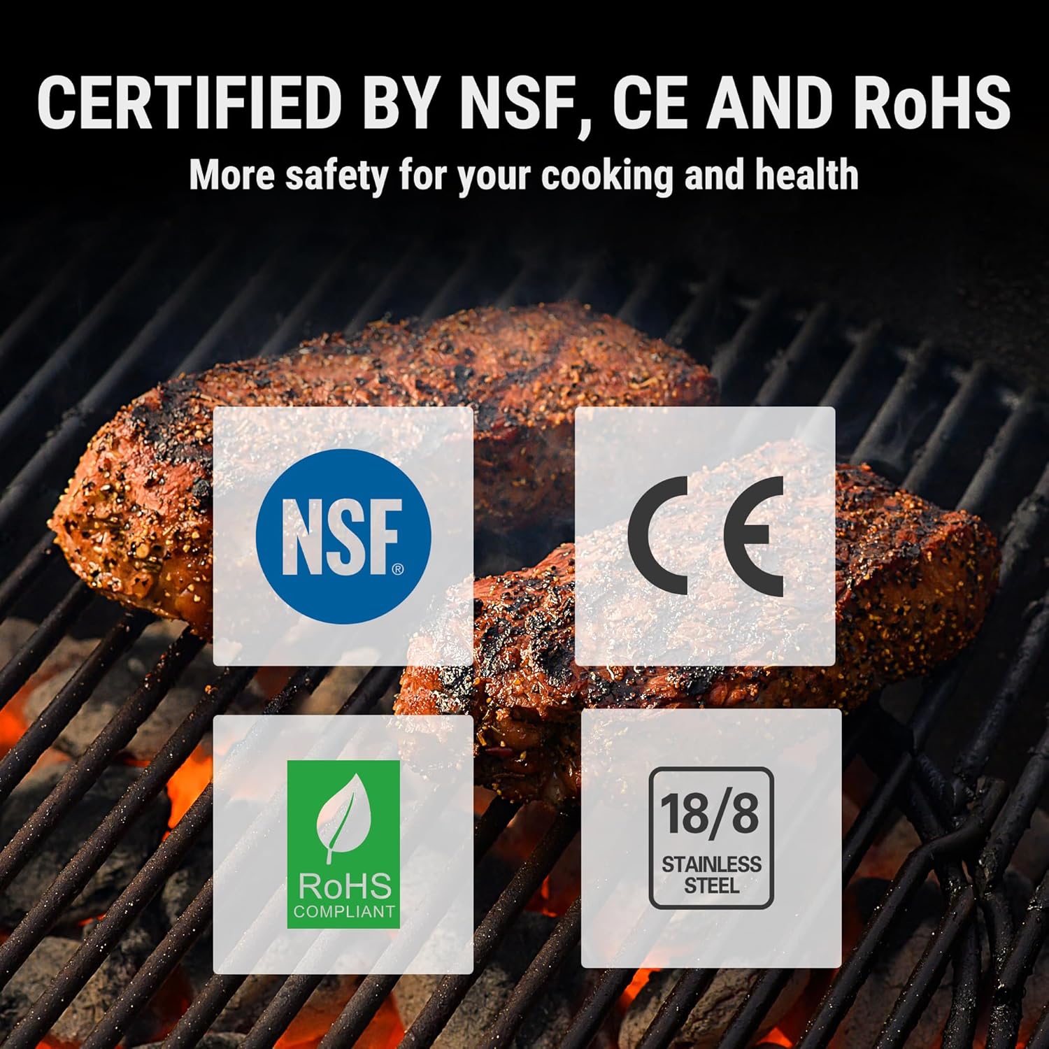 Gegrilltes Fleisch auf Grillrost, zertifiziert nach NSF, CE, RoHS, Edelstahl 18/8.