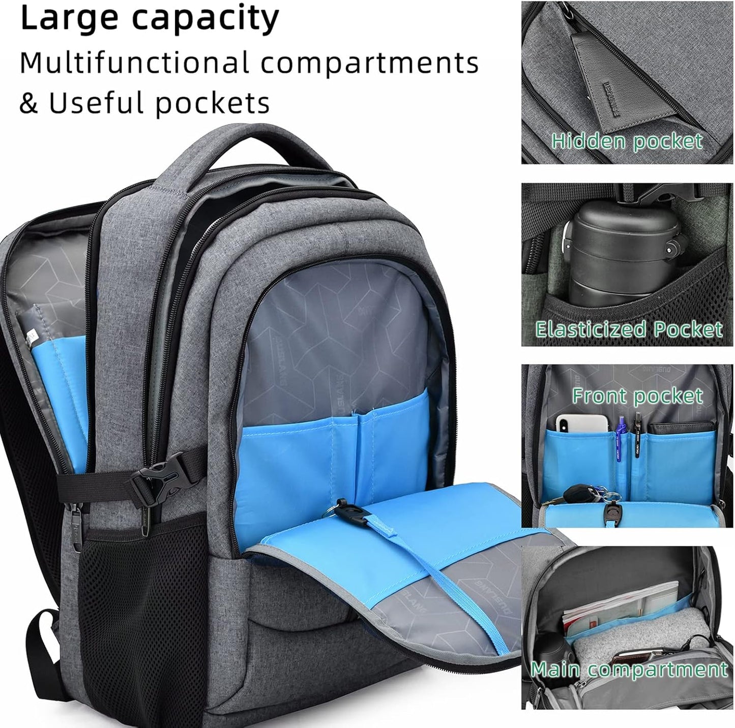 Vattentät reseryggsäck för laptop med USB-port och organiserad förvaring