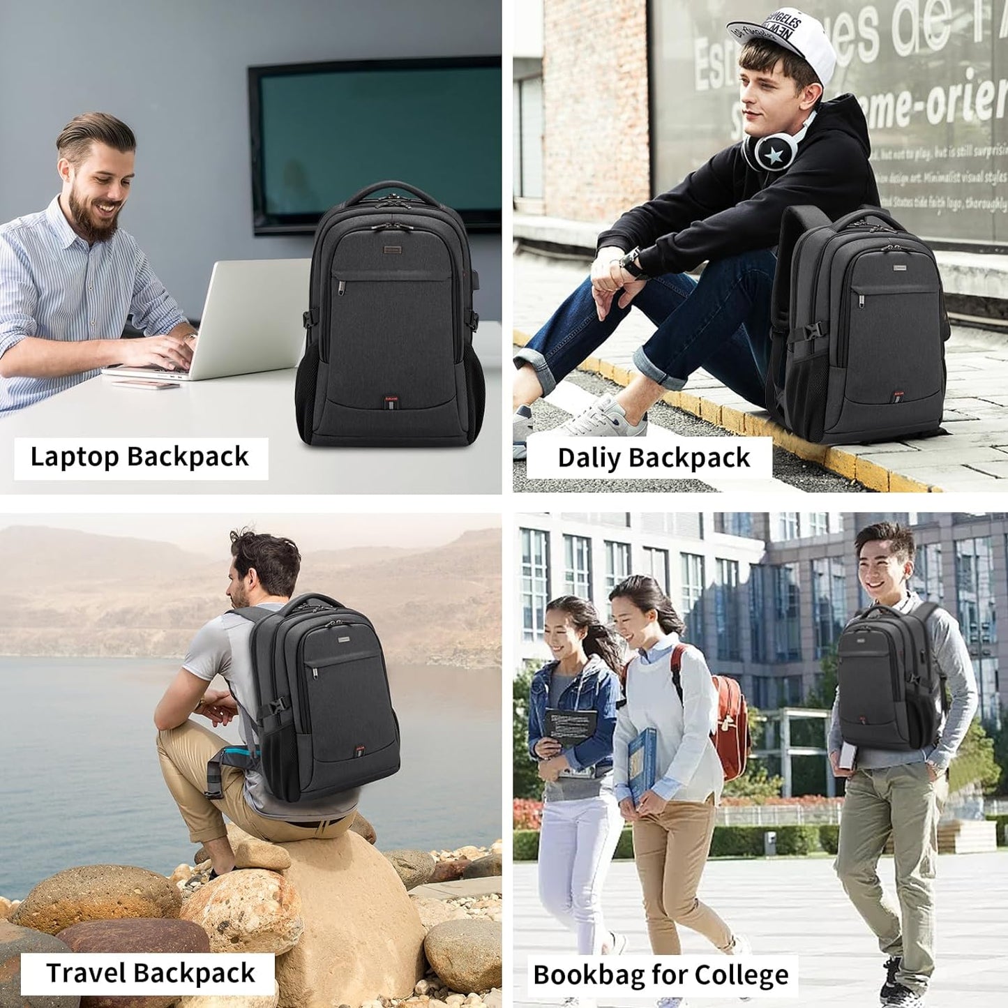 Vattentät reseryggsäck för laptop med USB-port och organiserad förvaring