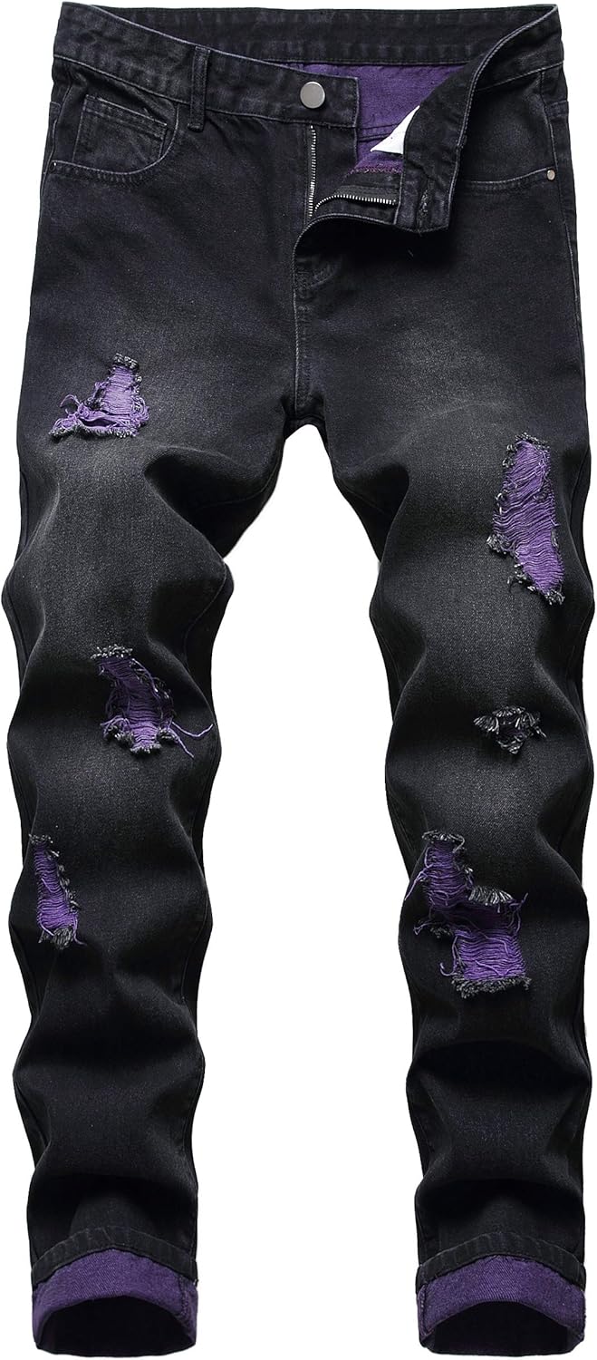 Schwarze Jeans mit lila Flicken, zerrissen, modisch, Herrenbekleidung, Denim-Hose.