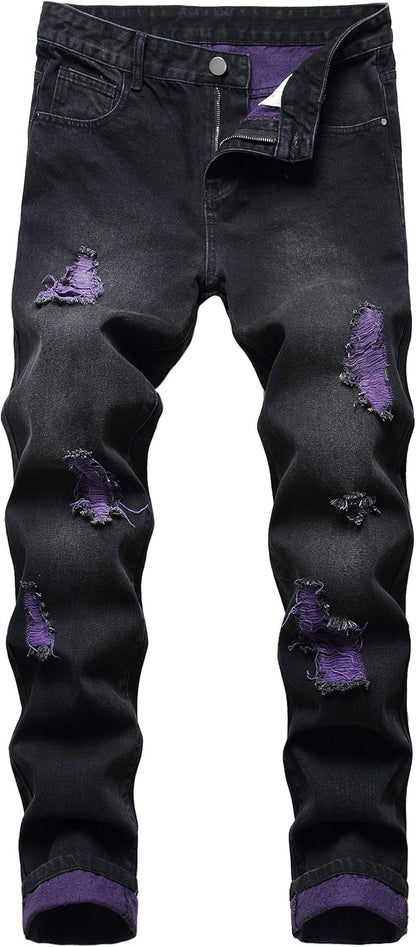 Schwarze Jeans mit lila Flicken, zerrissen, modisch, Herrenbekleidung, Denim-Hose.