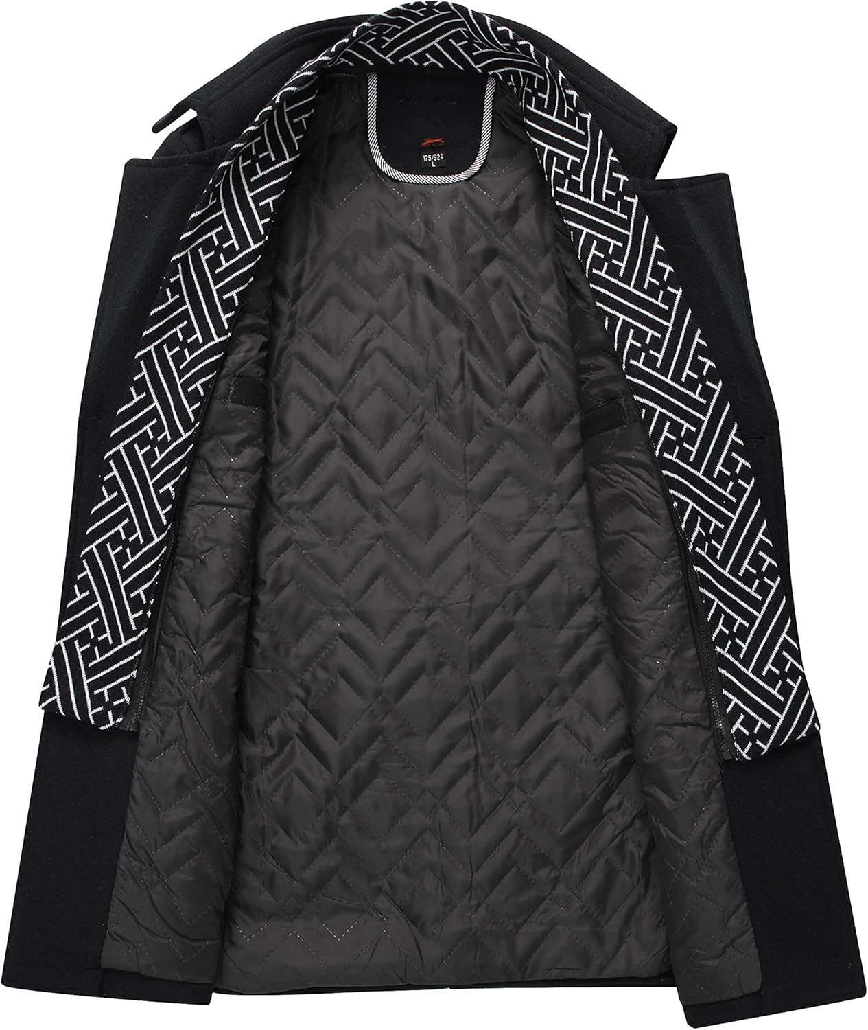 Schwarzer Herrenmantel mit geometrischem Innenfutter, elegantes Design, Wintermode.