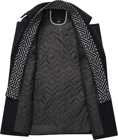 Schwarzer Herrenmantel mit geometrischem Innenfutter, elegantes Design, Wintermode.