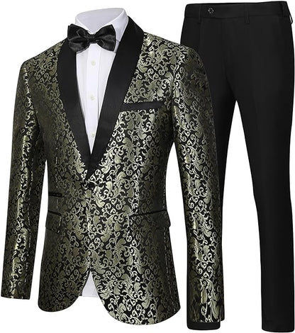 Herren Smoking Anzug, gold-schwarz, florales Muster, Satinrevers, festliche Abendmode.
