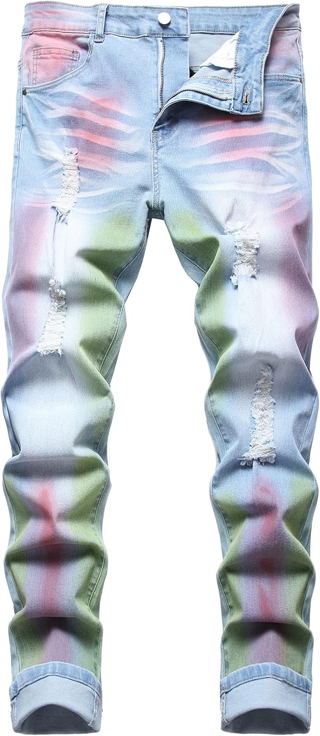 Bunte zerrissene Jeans für Herren, Denim, modisch, lässig, Streetwear, Blau, Rosa, Grün.