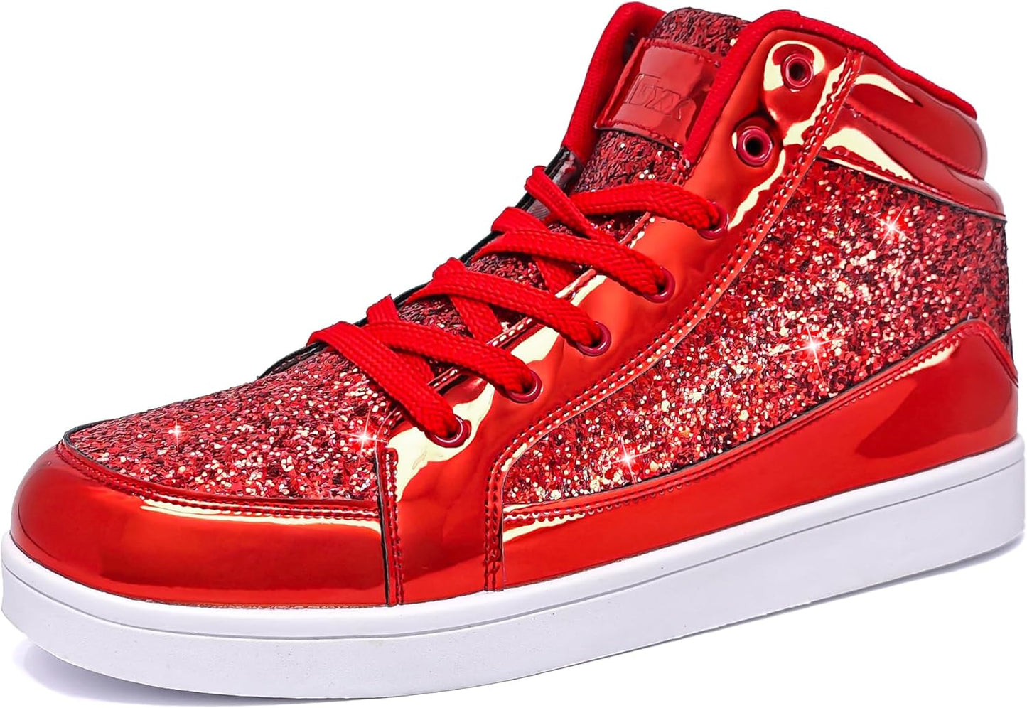 Roter Glitzer-Sneaker, High-Top, glänzend, modisch, Damen, Freizeit, weißer Sohle.