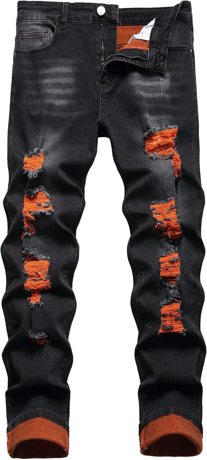 Schwarze Jeans mit orangefarbenen Rissen, modisch, Herren, Denim, Streetwear, Slim Fit.