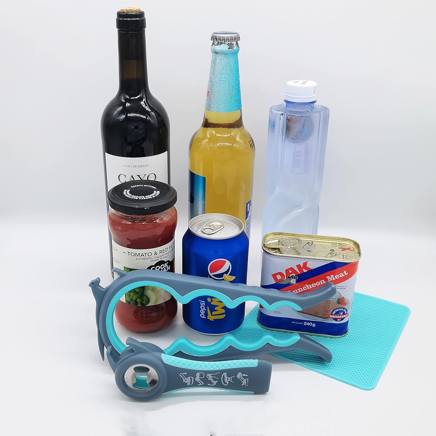 Flaschenöffner Set mit Dosenöffner, blau, für Wein, Bier, Konserven, multifunktional, Küche.