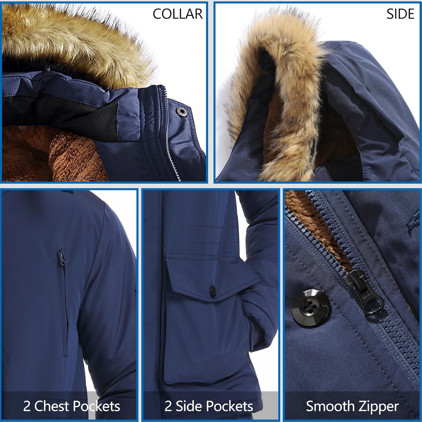 Dunkelblaue Winterjacke mit Kunstfellkragen, 4 Taschen, glattem Reißverschluss, Herrenmode.