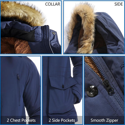 Dunkelblaue Winterjacke mit Kunstfellkragen, 4 Taschen, glattem Reißverschluss, Herrenmode.