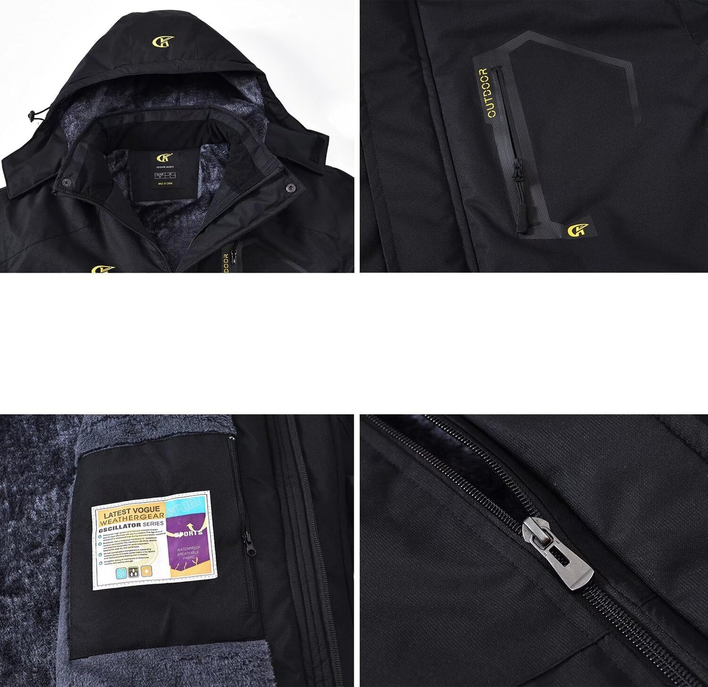 Schwarze Outdoorjacke mit Kapuze, Reißverschluss, wasserdicht, winddicht, Herrenbekleidung.