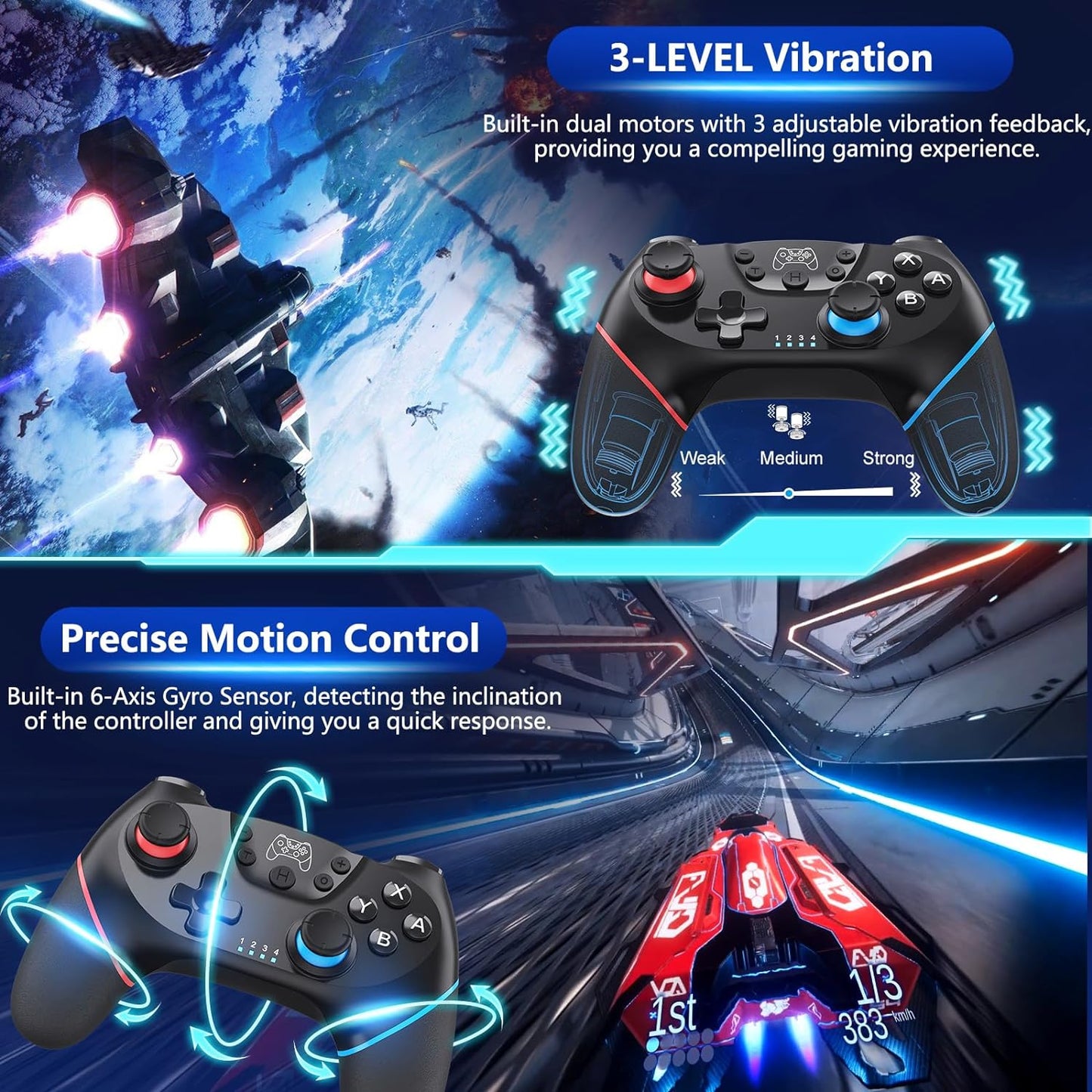 Trådlös Switch-kontroller med Hall-effektjoysticks och turbofunktion – Nexora