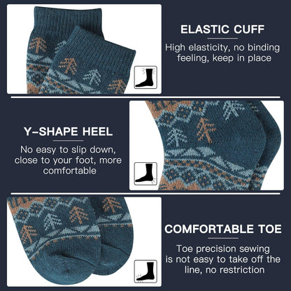 Blaue Wollsocken mit elastischem Bündchen, Y-Ferse, bequemem Zeh, Winterdesign.