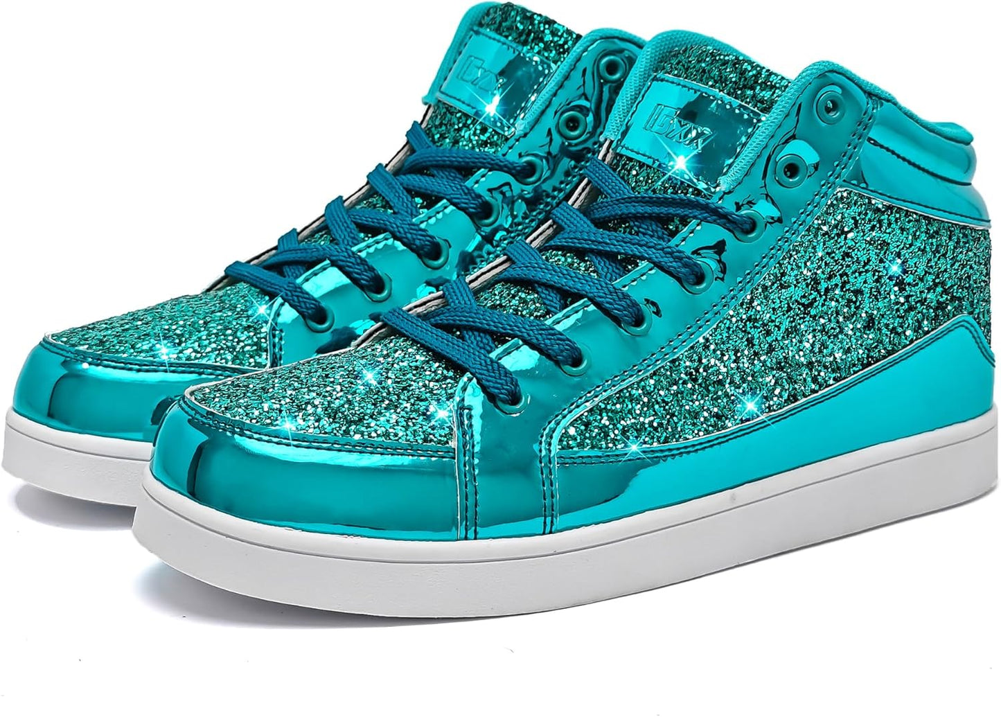 Türkis glitzernde Sneaker, hohe Schuhe, modisch, glänzend, Damen, Freizeit, bequem.