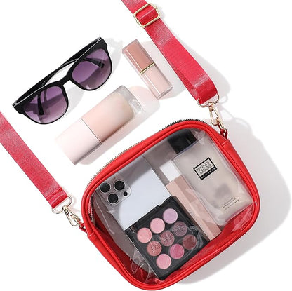 Rote transparente Umhängetasche mit Kosmetik, Sonnenbrille und Smartphone, ideal für Reisen.