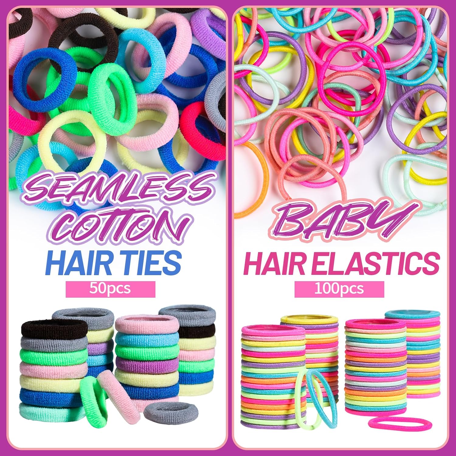 Bunte nahtlose Haargummis aus Baumwolle, 50 Stück, elastische Baby-Haargummis, 100 Stück.