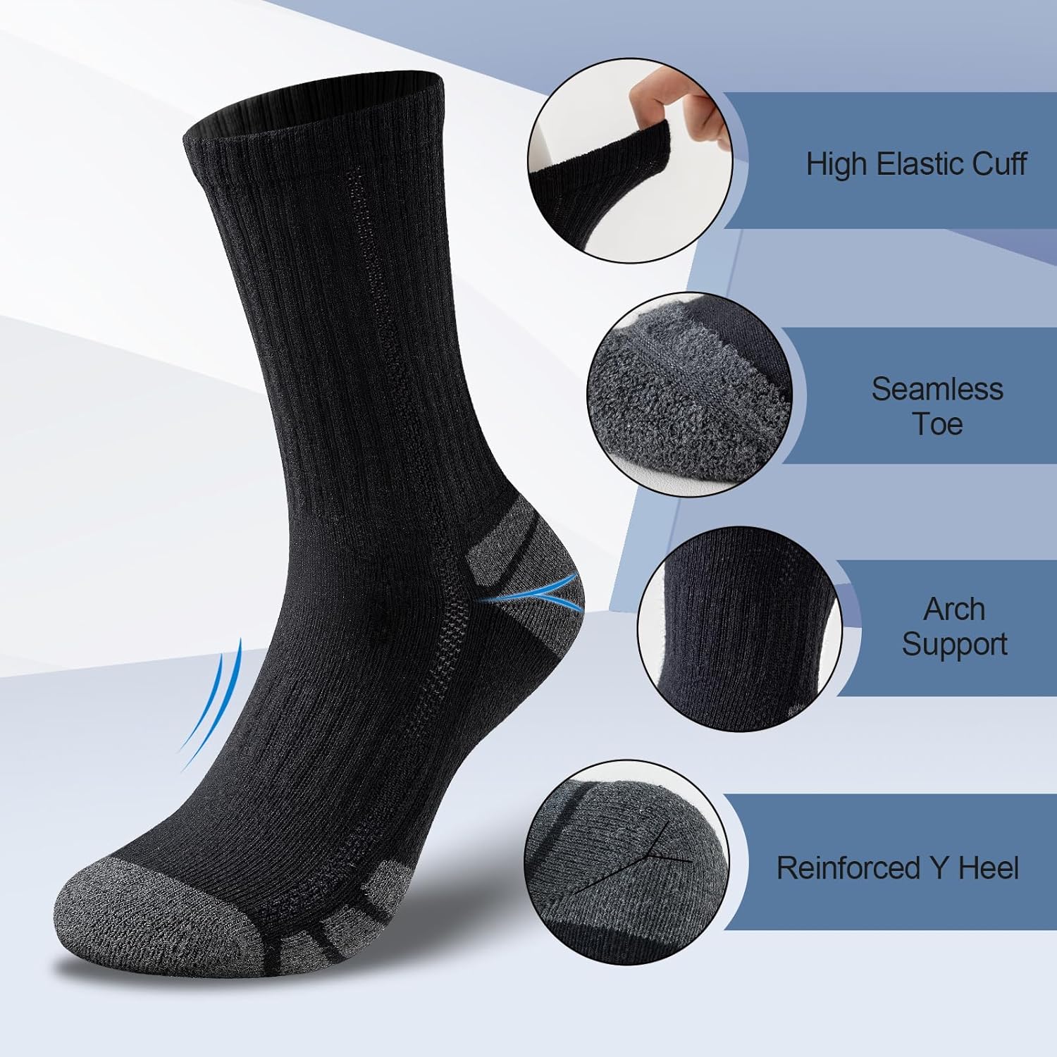 Schwarze Sportsocke mit hohem elastischem Bund, nahtloser Spitze, Fußgewölbestütze, verstärkter Ferse.